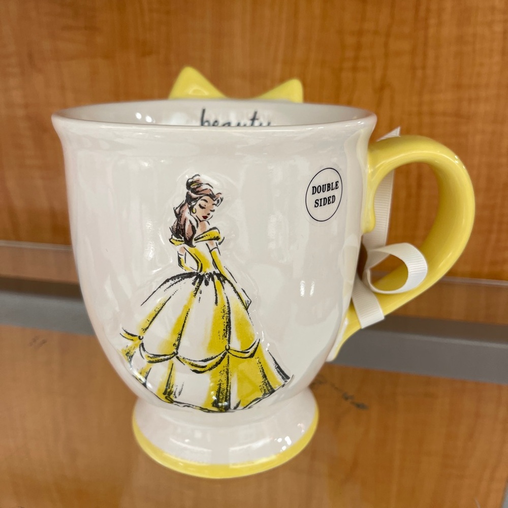 Disney Rae Dunn Belle Beauty & the Beast Yellow Bow White Ceramic Coffee Mug NWT